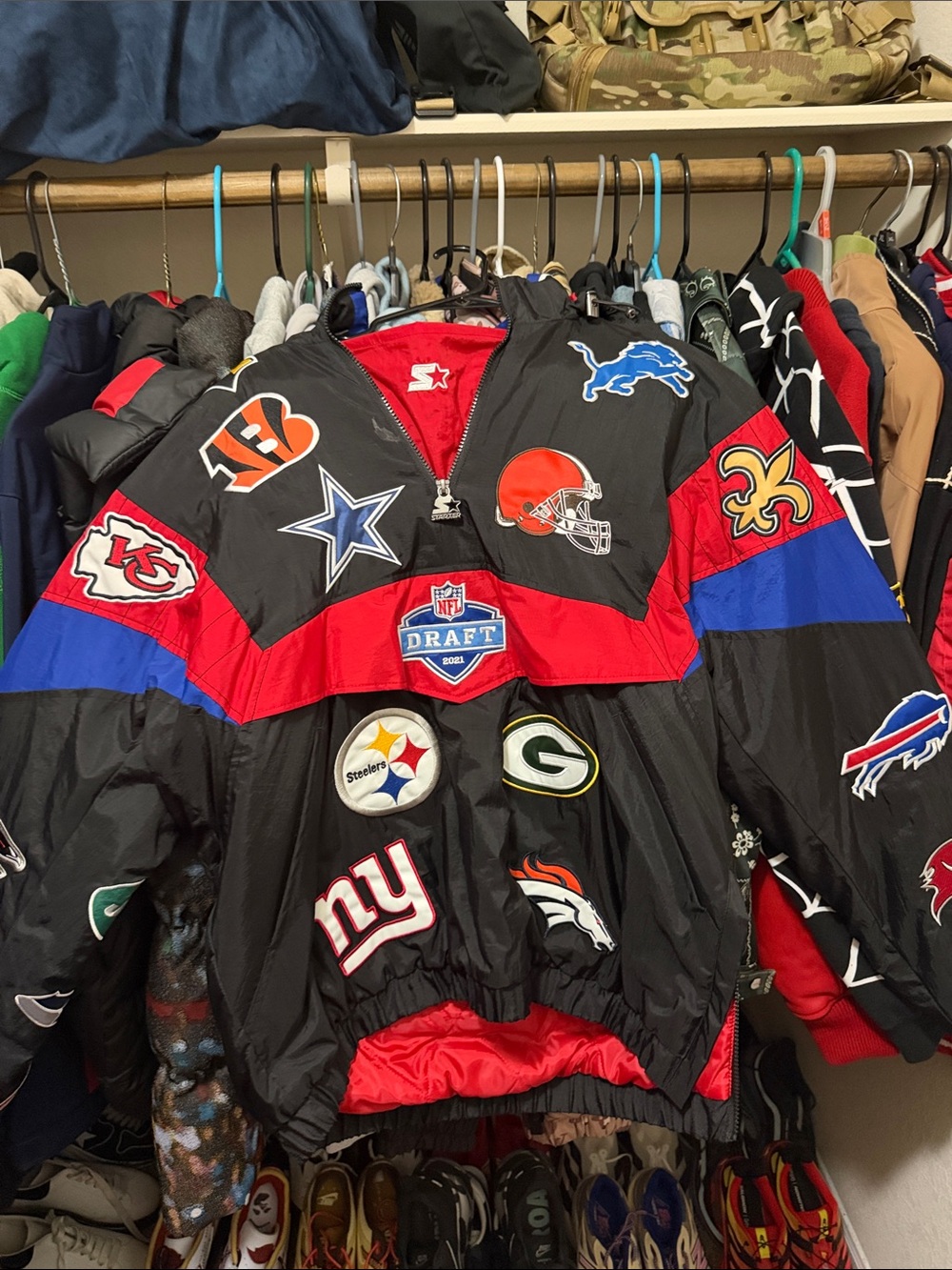 Kid Cudi STARTER collab Black and Red NFL Patchwork Draft Jacket